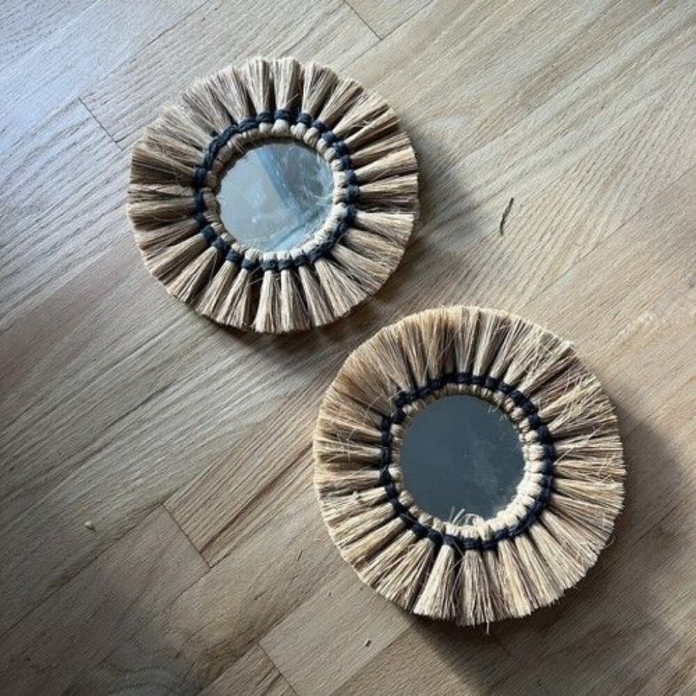 2 Pcs Boho Raffia Mirror Wall Hanging Home Decor Neutral Hippie‎ Beige Black